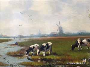 727-Pint , escena de vacas en rio con molinos al fondo, Holanda S.XX, 35 x 20 cms con marco