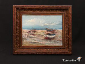 673-C Oleo Barcas en Valencia, 1986, 38 x 45 (24 x 31 sin marco)