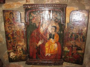 Icono Tríptico con Virgen, San Jorge , San Demetrio, etc. Antigüo. Rusia. 0, 34 x 0, 42. 169. Antigüedades