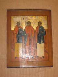 Icono ruso con 3 santos S. XIX. 31 x 25. 399. Antigüedades