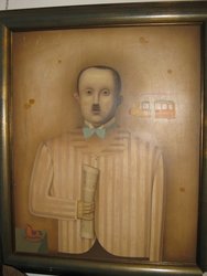 Titulo. Personaje con tren. oleo del pintor español Bejar. 0, 70 x 0, 63. 14. Pintura y escultura