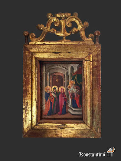 198-H Icono S. XIX con marco antiguo en pan de oro. Rusia o Grecia. 0,60 x 0,39 con marco