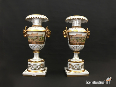 131-132-Ant Pareja de jarrones estilo Imperio, porcelana de Sevres (Francia), 45cm de altura