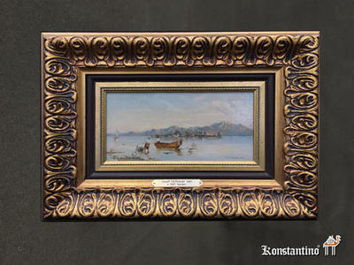 740-C Oleo de pescadores. Josep Hofbauer, Alemania 1907-1998. 10 x 20 cms, 35 x 25 cms con marco