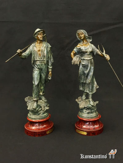 1343-1344-C Figura de segador y segadora en metal, Europa S.XX. Medidas: 38 cms con peana