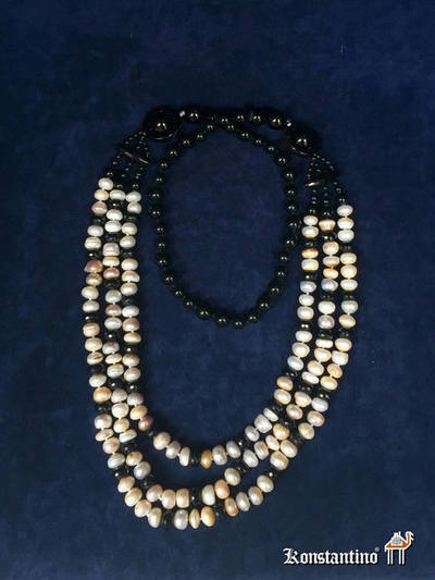 30972-H. Nom. Collar de perlas, Agatas, Onix y Hueso. (VENDIDO)