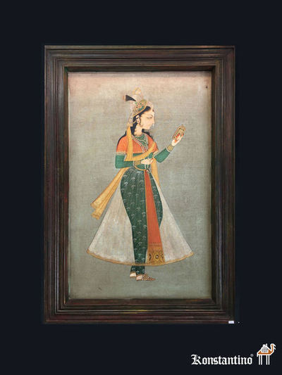 5-Pint Sultana de la India,oleo sobre madera de sultana de la India de la dinastia Mogul con marco de Teka de la época, S.XVII-XVIII.