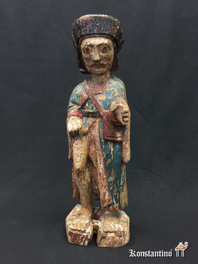 929-C  Talla policromada en madera de San Roque, Montpellier (Francia) 45 cms, Siglos XVII al XVIII