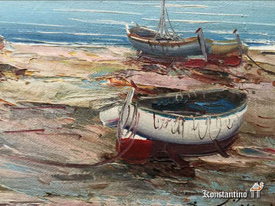 673-Pint Oleo/Tela, Barcas en Valencia, 1986, 38 x 45 (24 x 31)