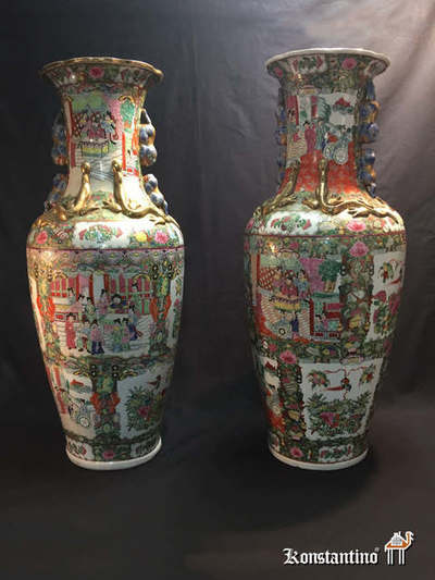 405-C       092 cm      Jarrones Cantoneses policromado de porcelana china con escenas típicas populares. Fin del XIX a Prin del S XX (pareja).
