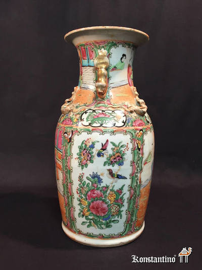 409-C  33   Jarron de porcelana de Canton, China S XIX. P policromado con figuras