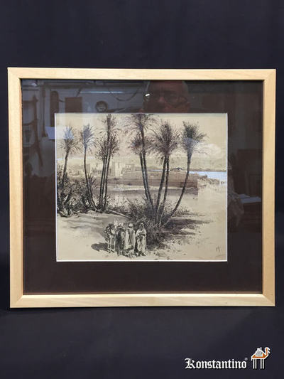 1804-C  34x36 (21x23)               Beduinos en Oasis”.Rictcher Albert”(Dresden, Alemania) foto pintada. 29-08-1845.