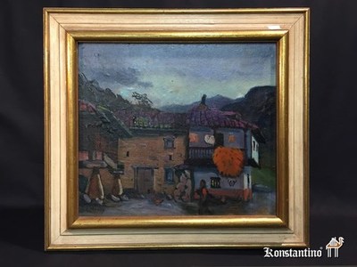 7-Pint-A  37x33   Óleo circa 1950.Celso granda Horreo, casas y figura
