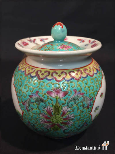 505-C  12cms   Tibor (bote con tapa) con escenas policromadas chinas. XIX