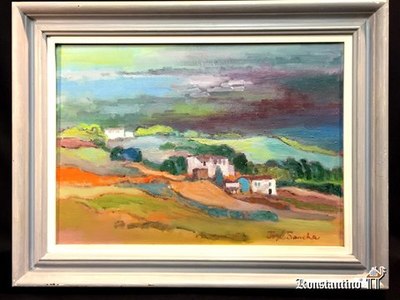 19-NA  45x32   Pintura con técnica mixta de José Sancha. Paisaje de Luanco 1986