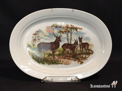 608-C 36,5x26 cms. Fuente de porcelana europea del s. XX, escena cinegética