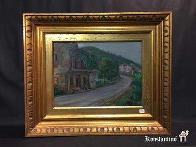 38-Pint-NA  0,39x0,29   Óleo paisaje en el río Corbo, autor M, Lledias. 1941 Cantabria
