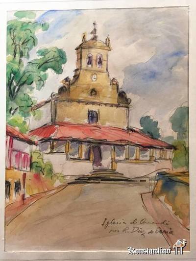 46-Pint-A  15x20(50x43,5)   Acuarela sobre iglesia de Amandi (Villaviciosa). Autor Díaz de Orosia