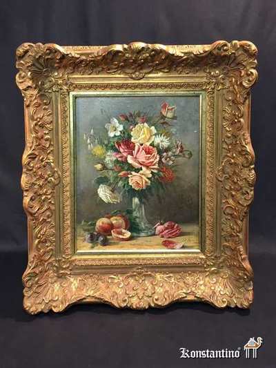 392-H  0,29x0,36(0,59x0,51)   Oleo del autor belga Belis s.XIX (1831-1902). Flores naruraleza