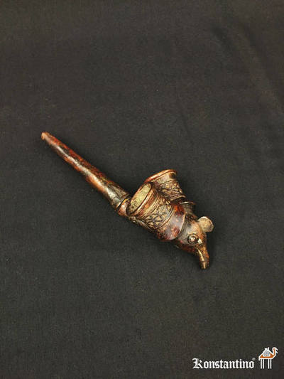 1459-Afr Pipa doble de bronce antigua de la etnia Mamungo, 25 x 10 cms